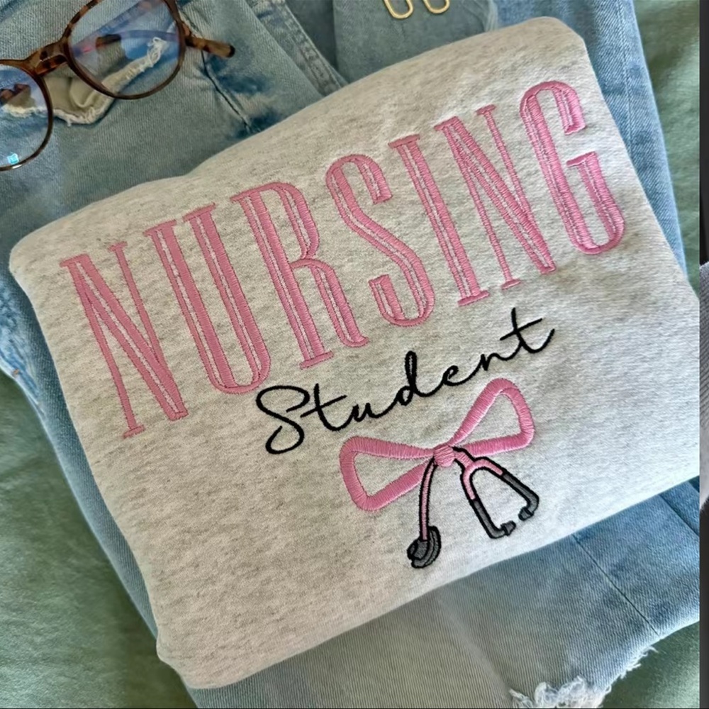 Gray Nursing Student Sweatshirt with Pink Embroidery